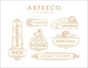 Classic Gold Art Deco Sign set, Signage, Logo set for branding identity, bakery shop, barbershop, cafe.