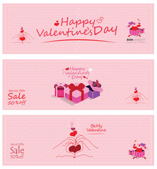 Set of advertising banners for Valentine's Day with romantic illustrations on a pink background.
