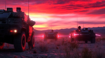 A high-tech border defense system with automated turrets and motion-detection lasers in a desert landscape