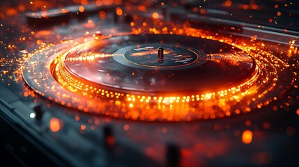 Fiery vinyl record spinning on turntable, sparks, dark background, music event promo