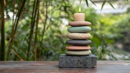 Obraz premium Serene Candlelight: A Stack of Stones in a Tranquil Garden