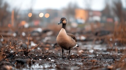 Fototapeta premium A solitary duck standing in a muddy area, surrounded by blurred urban lights in the background
