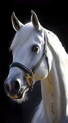 Obraz premium Elegant white horse portrait, dark background, equine beauty, equestrian art