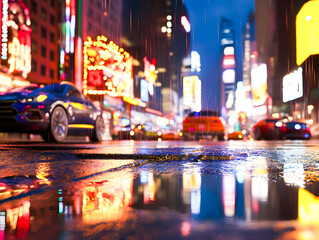 雨の日の夜の繁華街（ローアングル）