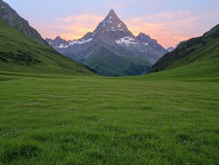 Fototapeta premium Majestic Mountain Peaks and Lush Green Valley at Sunset in a Natural Landscape