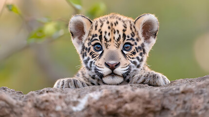 Fototapeta premium Cute jaguar cub peeking over rock, jungle background, wildlife photo
