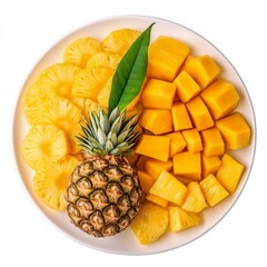 A refreshing tropical fruit platter with pineapple and mango slices, isolated white background, abstract art style