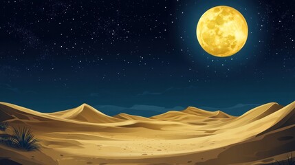 Desert landscape at night with a large full moon.