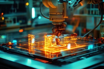 Fototapeta premium Holographic Robotic Arm Assembling Technological Components