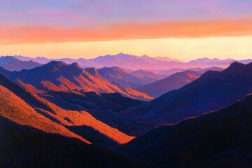 Obraz premium Majestic Mountain Ranges at Sunset Glowing Hues