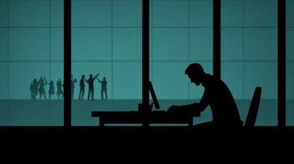 Silhouette of a Concentrated Worker with Party Scene in Background at Office Window During Evening Hours