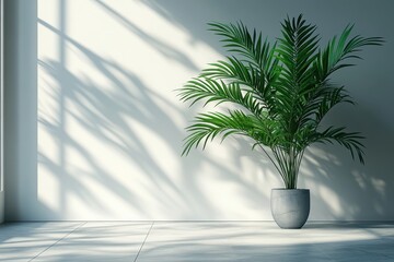 Fototapeta premium A potted palm plant casts shadows on a minimalist wall in a serene space.