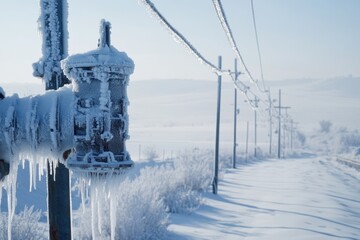 Ice-Covered Power Lines in Winter Landscape
