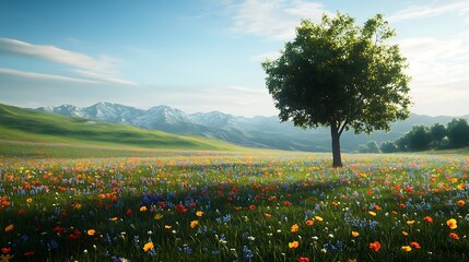 A serene landscape featuring a vibrant flower field and a solitary tree against mountains.