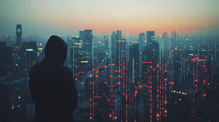 Hacker are planning to hack and attack networks and cyber security systems Smart digital city with connection cyber security network reciprocity over the cityscape . future smart wireless digital city
