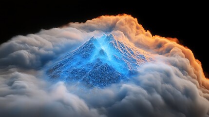 A stunning digital rendering of a glowing mountain peak emerging from colorful clouds at sunset