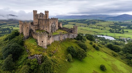 A medieval castle on a hilltop, with stone walls and turrets overlooking a green valley