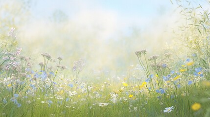 Obraz premium A serene meadow with colorful wildflowers blooming under a soft, hazy sky