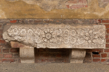 Historic artefacts in the entrance portico of the Basilica of Sant' Ambrogio, Milan