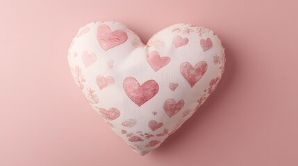 Heart-shaped pillow with pink patterns on soft pastel background