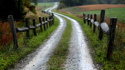 Obraz premium Winding gravel road through rural farmland. Possible use travel brochure