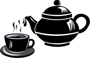 Illustration,vector,silhouette of Minimalist Tea Time
Vector illustration of black and white silhouette of teapot and steaming cup of warm tea,