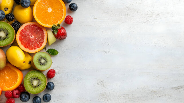 Colorful fruit arrangement on wooden background, food blog header