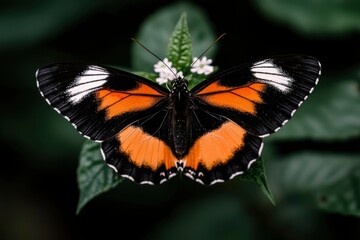 Fototapeta premium A striking black orange and white butterfly on leaves