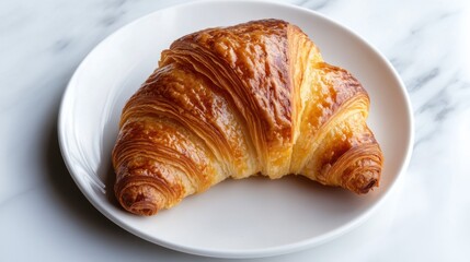 A warm and flaky croissant with a golden-brown exterior and soft buttery layers inside, placed on a plain white plate, Croissant centered with a slightly angled perspective