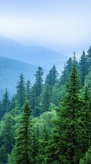 Obraz premium Misty Forest Landscape with Evergreen Trees in Mountainous Region During Early Morning
