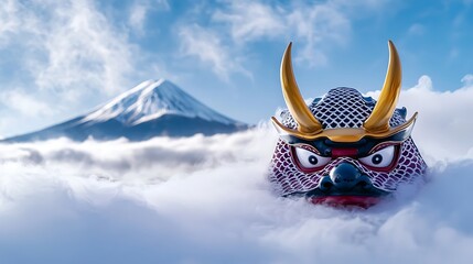 A traditional samurai mask emerges from clouds with Mount Fuji in the background, symbolizing Japanese culture