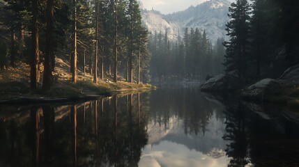Obraz premium Serene forest landscape with a calm lake reflecting trees and mountains.
