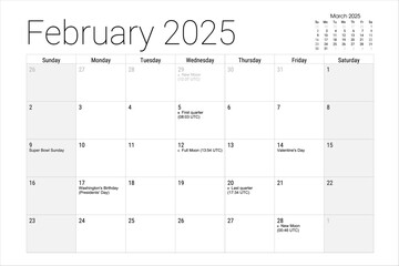 February 2025 Calendar Monthly Planner Super Bowl Sunday Valentine s Day Holidays
