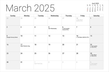 2025 March Calendar Printable Planner Monthly View with Holidays Moon Phases