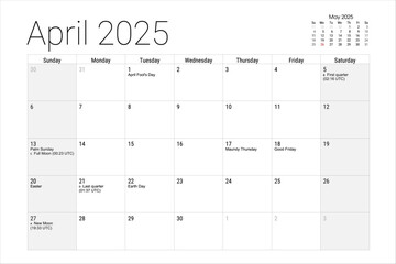 April 2025 Calendar Monthly Planner Holidays Moon Phases Easter