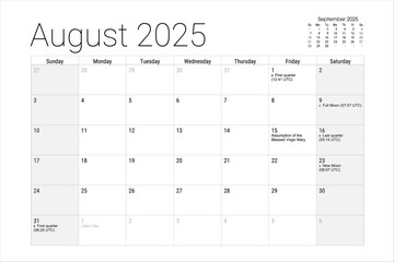 August 2025 Calendar Printable Monthly Planner Year 2025 Desk Calendar Simple Design