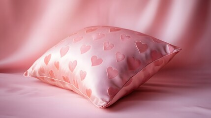 Soft Pink Pillow with Heart Pattern on Elegant Satin Background