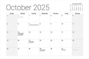 October 2025 Calendar Monthly Planner Halloween Columbus Day Moon Phases