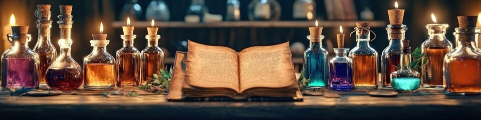 Obraz premium Magical spellbook, glowing potions, alchemist's laboratory, mystical ingredients, enchanted bottles, candlelight, ancient wisdom, fantasy alchemy, magical ambiance, mysterious elixirs, magical realism