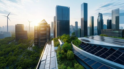 Sustainable urban skyline revealing green architectural design, rooftop vegetation, solar energy integration, illuminated by warm morning sunlight