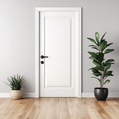 Modern Interior Featuring a White Door with Minimalist Plants on Wooden Floor