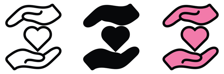 black and white icon of hands cradling a heart for support. hand holding heart icons.