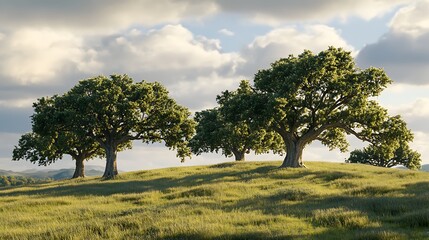 Obraz premium A serene landscape featuring lush green trees on a gentle hill under a cloudy sky.