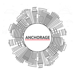 Outline Anchorage Alaska City Skyline with Modern Buildings and copy space Isolated on White. Anchorage USA Cityscape with Landmarks.