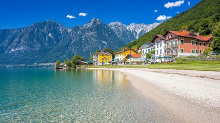 Naklejka premium Lakeside Village with Mountain View and Clear Water Beach