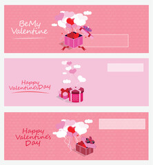 Banner Three Valentine's Day advertising banners with Valentine's elements on pink backgrounds