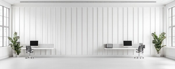 Modern Minimalist Office Space with White Walls and Green Plants in Bright Environment