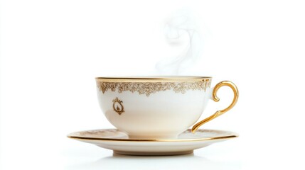 Steaming antique porcelain tea cup with gold trim cozy kitchen still life elegant vibe close-up perspective