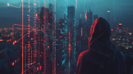 Hacker are planning to hack and attack networks and cyber security systems Smart digital city with connection cyber security network reciprocity over the cityscape . future smart wireless digital city