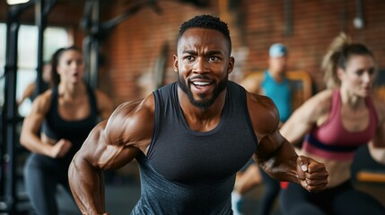 Black male fitness instructor leading energetic workout, performing dynamic exercises with muscular physique while blurred participants follow intense training session in a modern gym setting